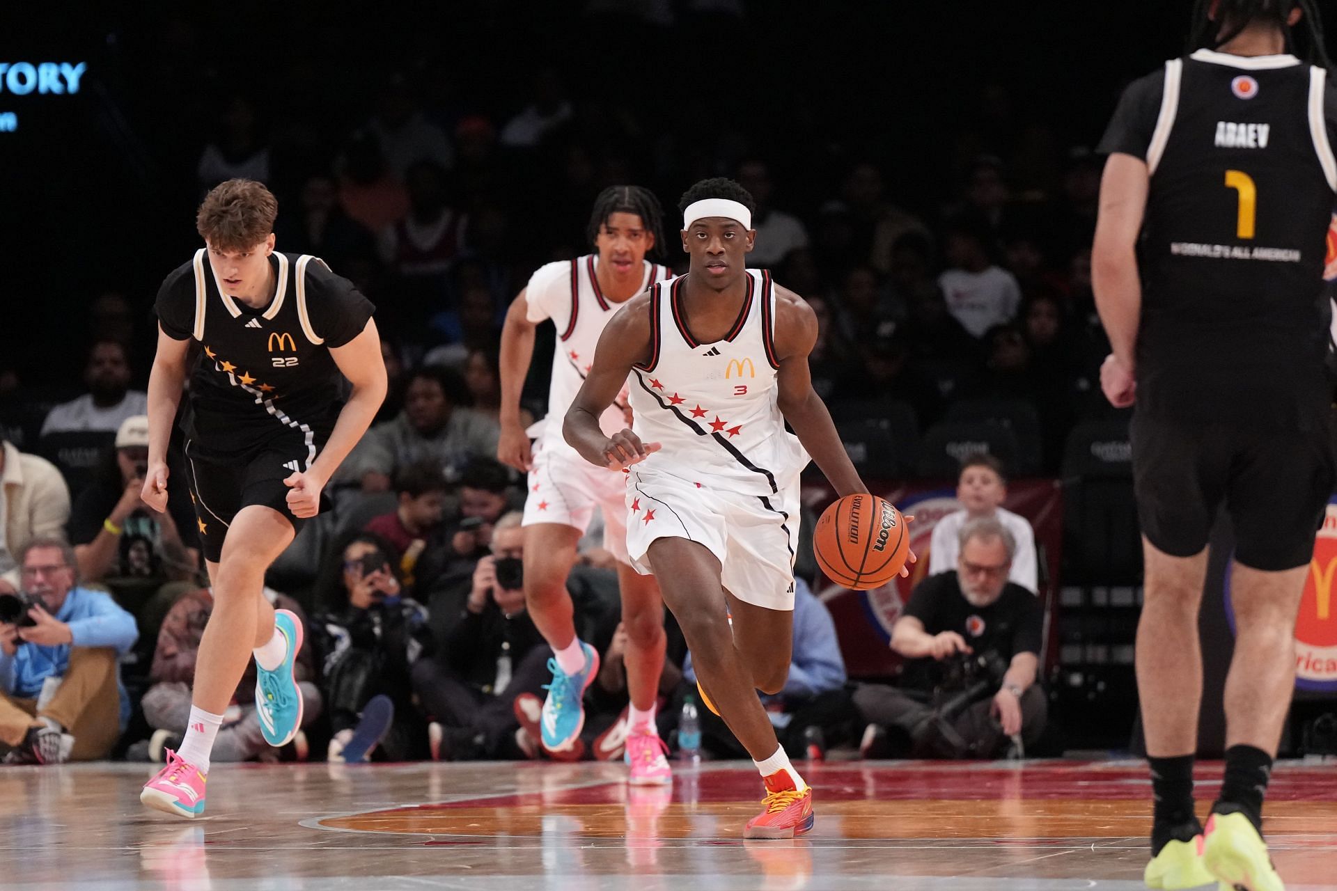 AJ Dybantsa (#3) dribbles vs Team East during the McDonald's All-American Game at Barclays Center. Photo: Getty